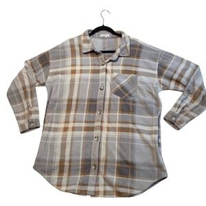 Granola‎ Girl Cozy Plaid Button Down Jacket Size Large Dusty Blue and Cream